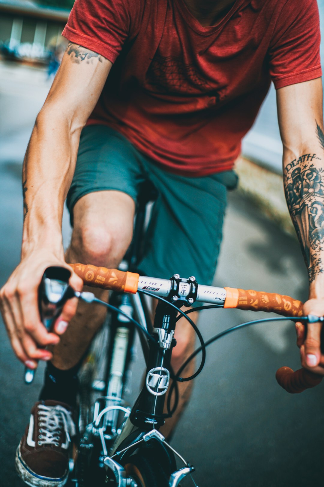 Cyclist wearing helmet and riding gear outdoors
